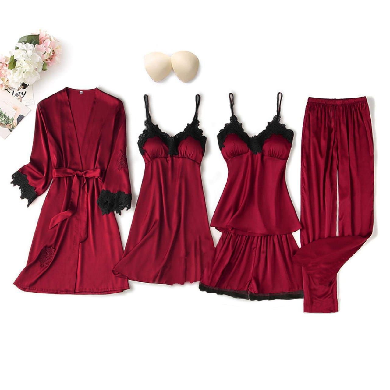 4-Piece Satin Lingerie Set with Lace Trim