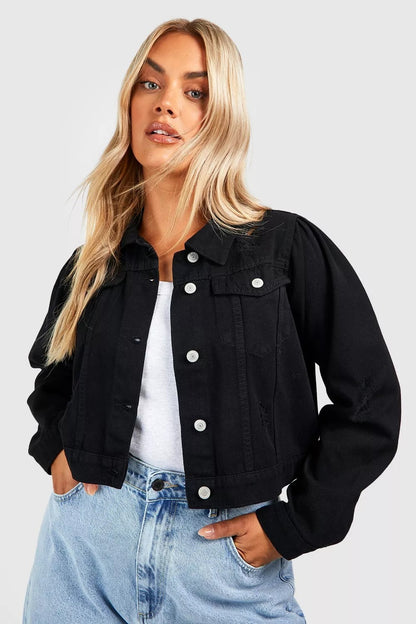 Distressed Denim Jacket with Puff Shoulder Detail